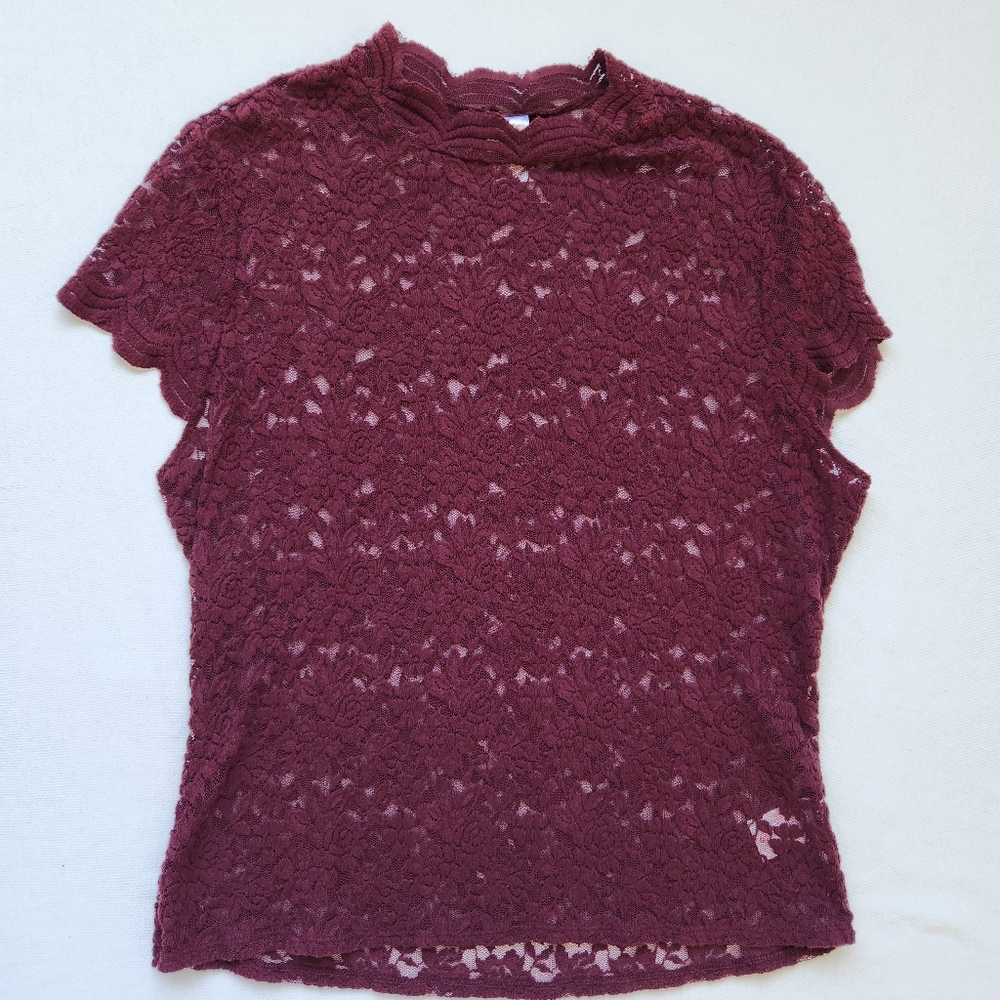 Lace Sheer Top Stretchy Whimsigoth Short Sleeve Maroon Burgundy Oxblood Pretty - Picture 4 of 14
